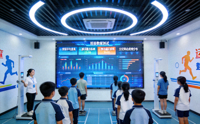 学校体育教育系统 - 学生在智能体育教室中进行体质测试，大屏显示班级数据看板